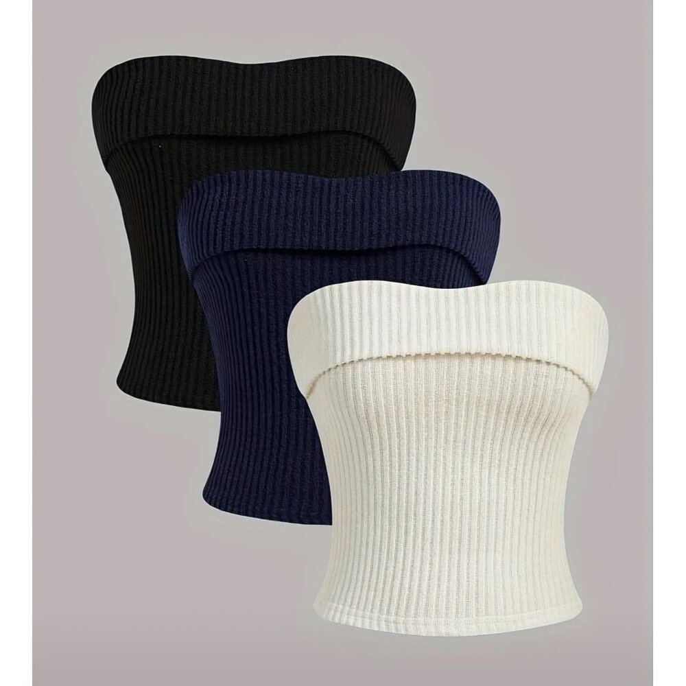 New 3-Pack Womens XL Ribbed Knit Strapless Bandeau Tops Black Navy White